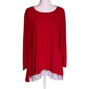 Sanifer Women's Long Sleeve Red Tunic White Lace Trim Size Large NEW